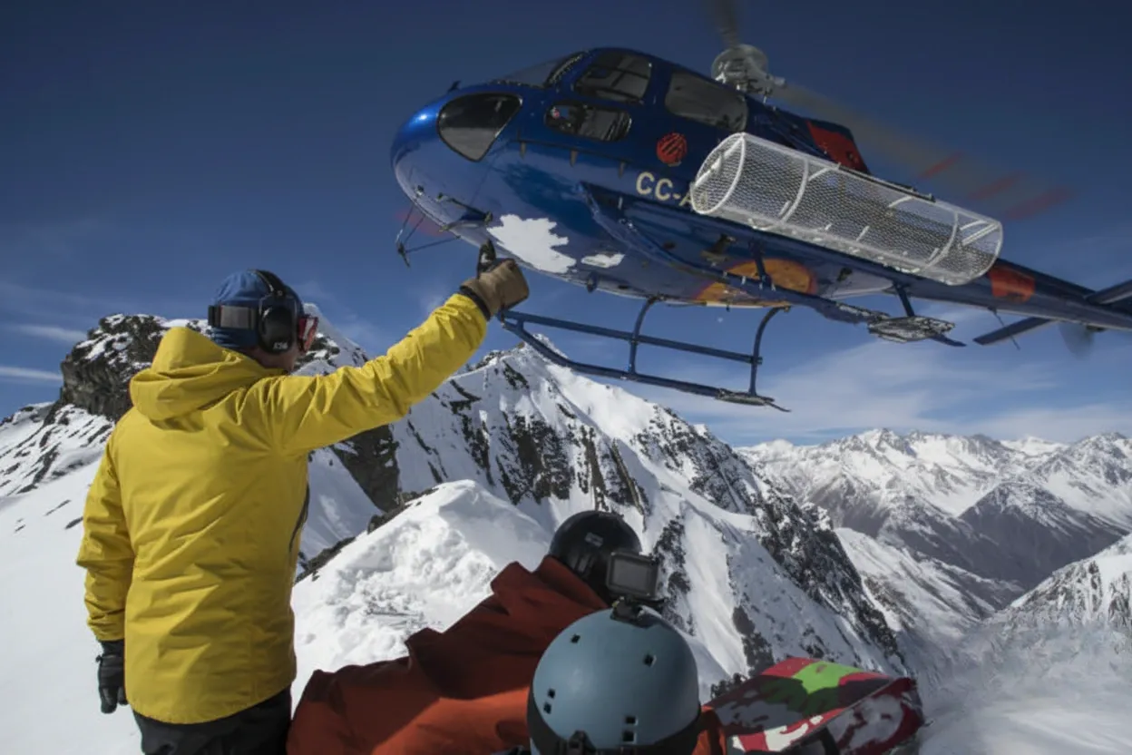 Helicopter approaching pristine Andean powder skiing peak