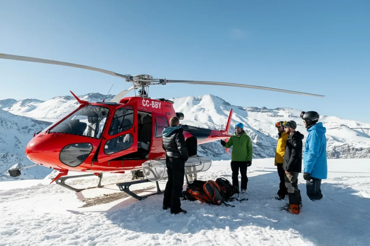 Helicopter landing on remote snow-covered Andean peak