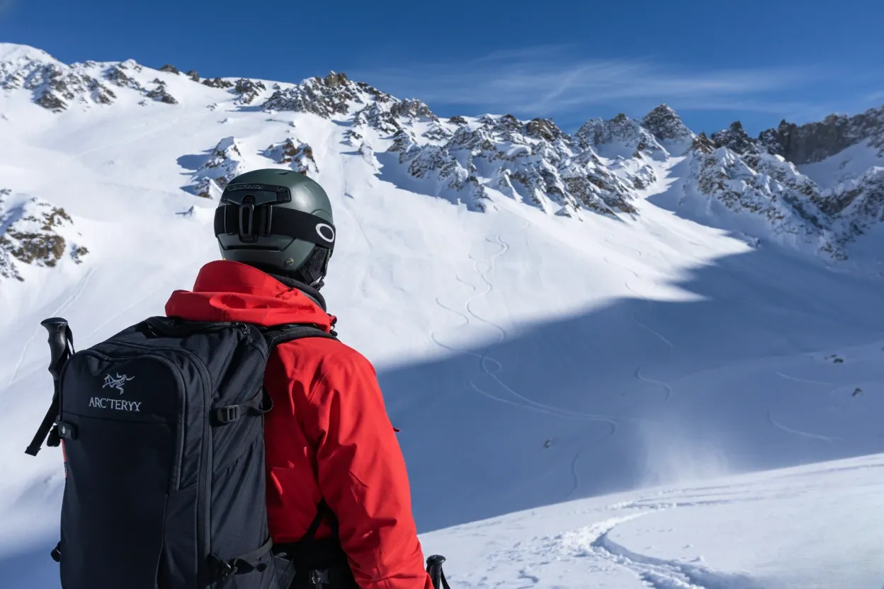 Expert guide leading heli-skiing expedition through Chilean terrain