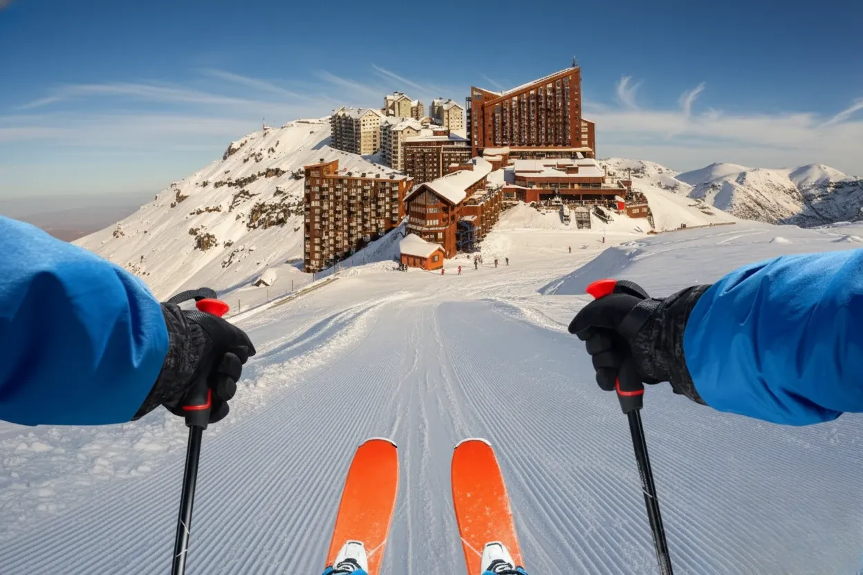 POV skier approaching Valle Nevado resort