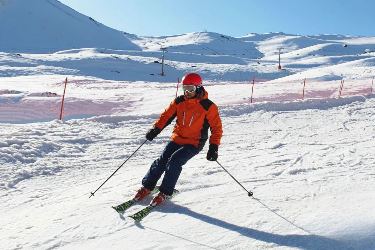 Skier in orange jacket on Chilean Andes slopes