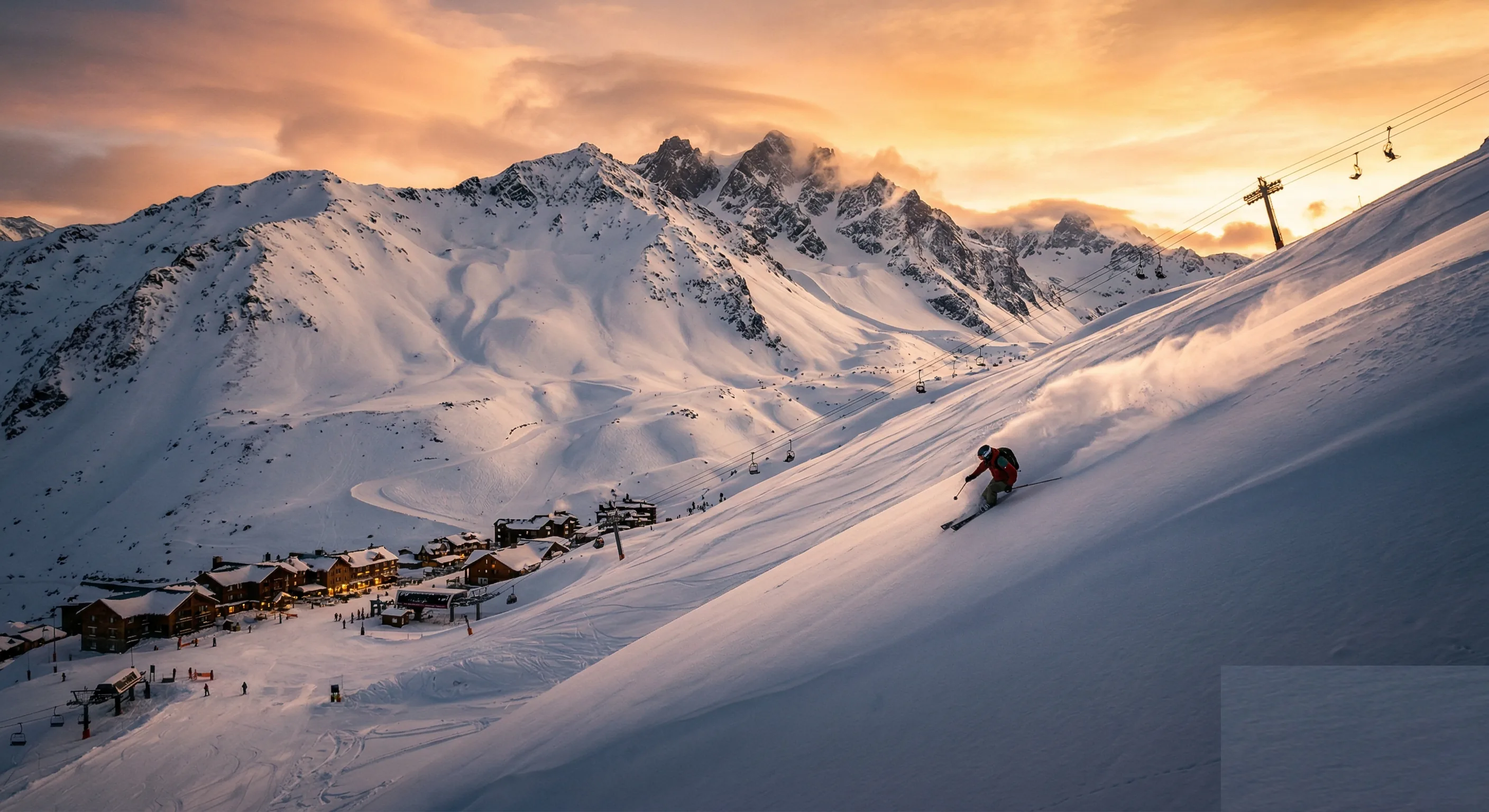 Skier carving through powder at La Parva resort at sunset