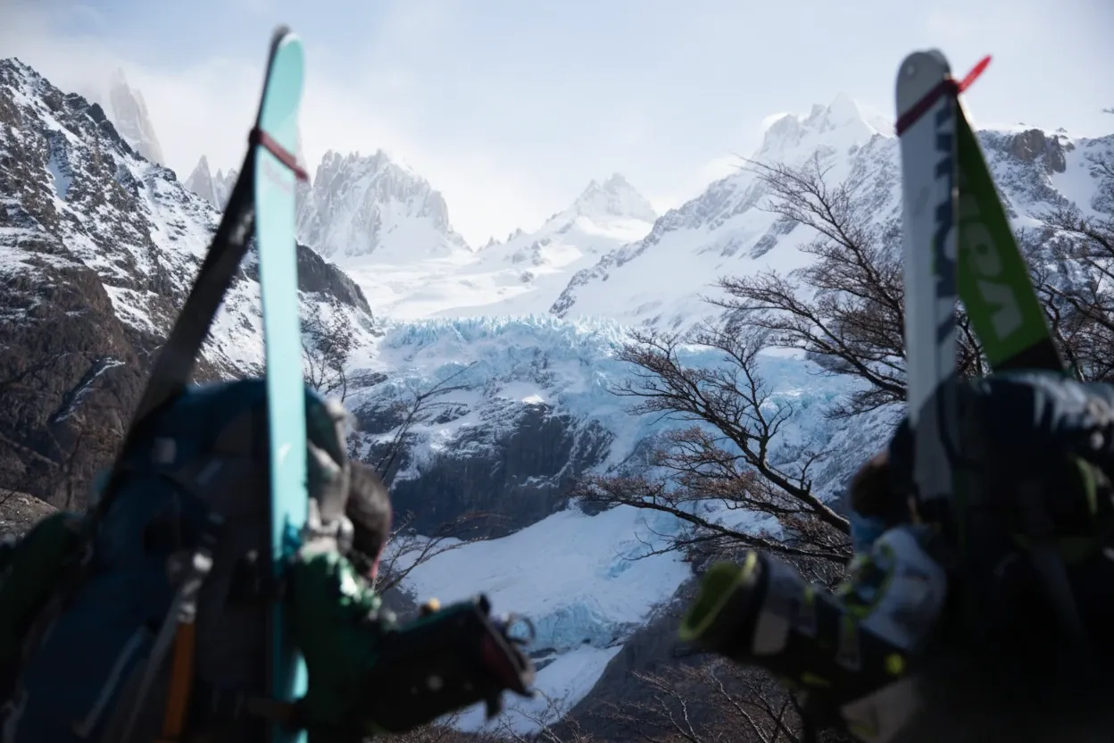 Ski touring group ascending an alpine peak in the Andes