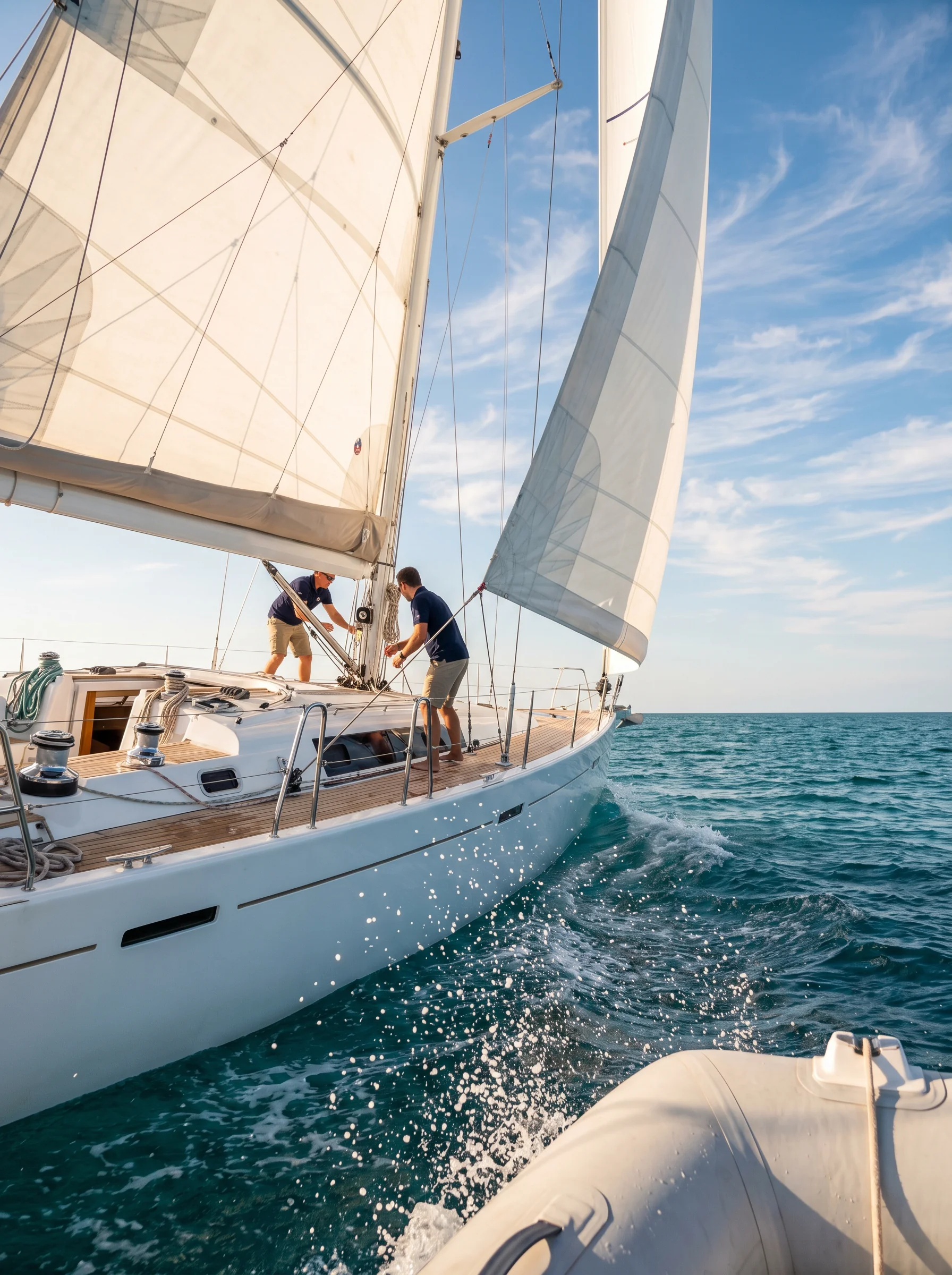 Luxury catamaran sailing under full sail