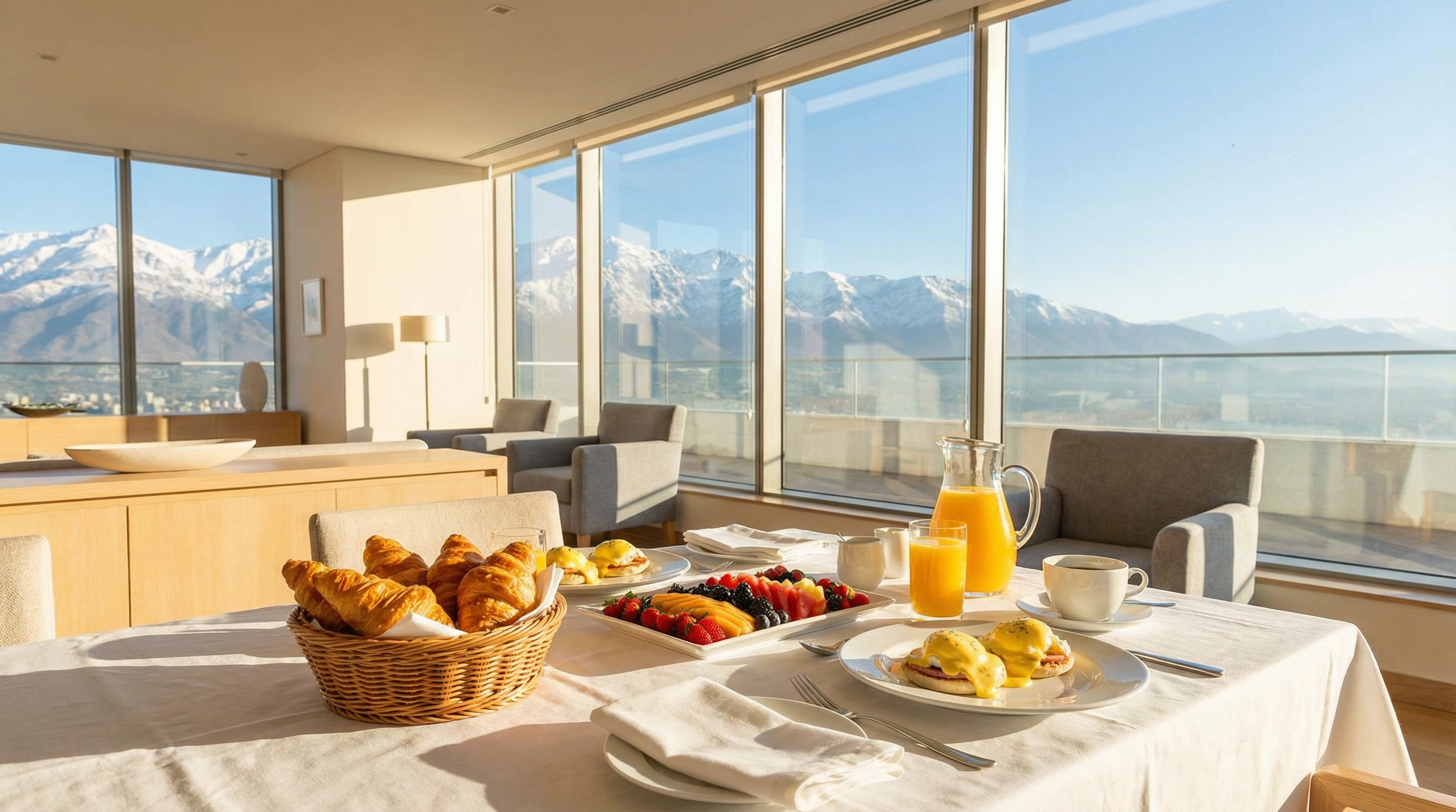 Gourmet breakfast served in luxury penthouse with Andes views