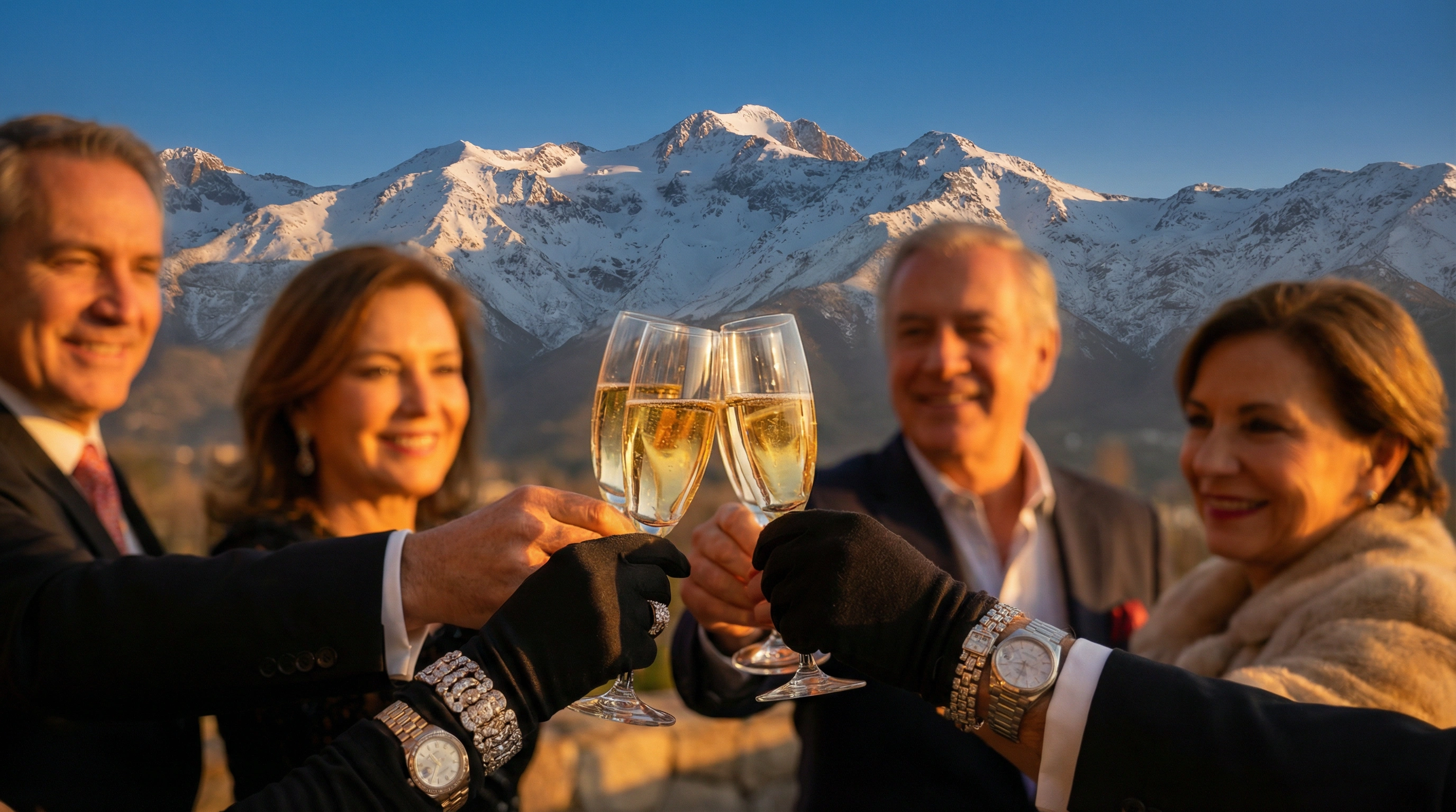 Champagne toast with Cordillera de los Andes backdrop