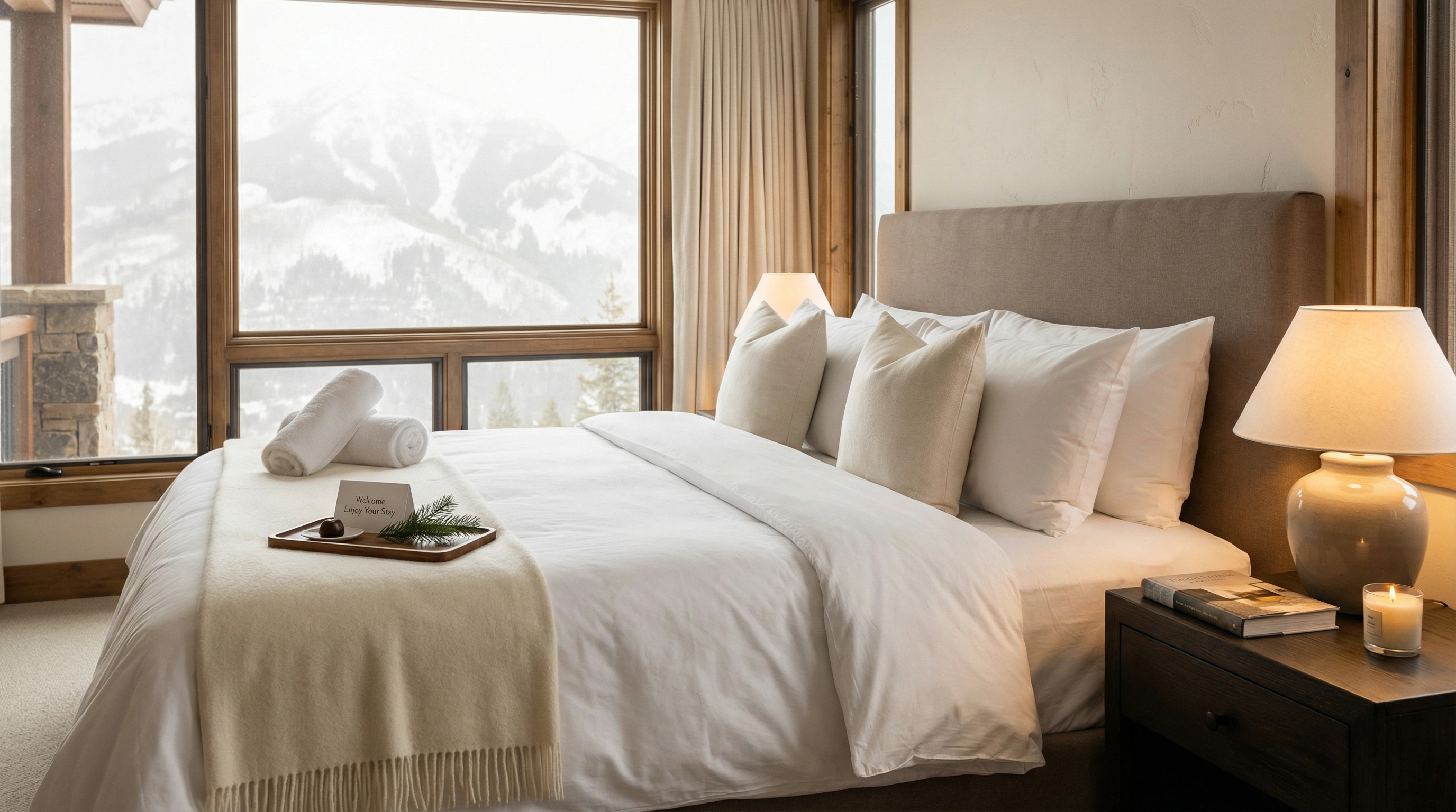 Perfectly made luxury bed with spa towels