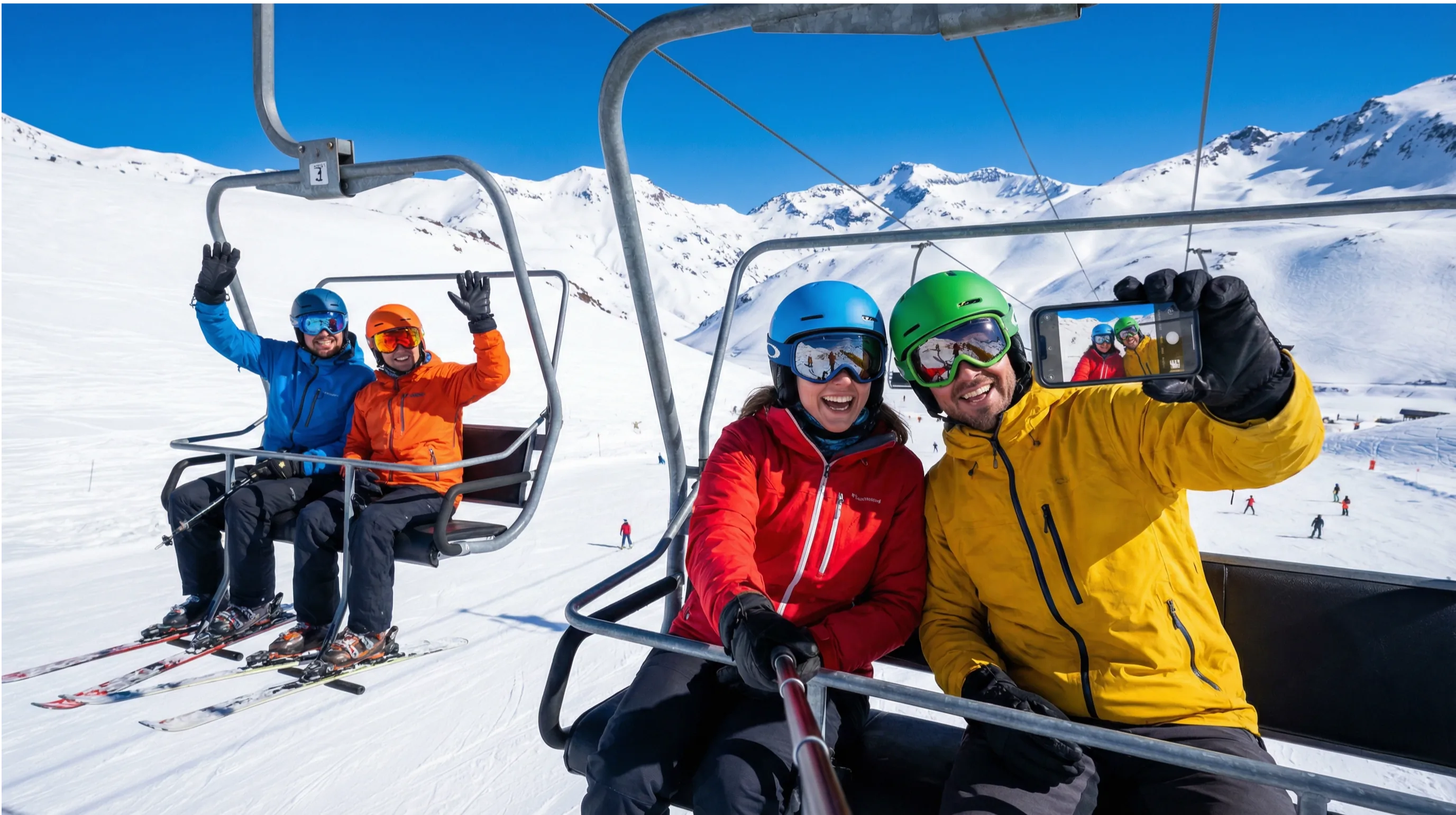 Group of friends on ski chairlift taking photos